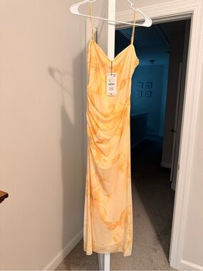 Zara Yellow Marble-Print Slip Dress